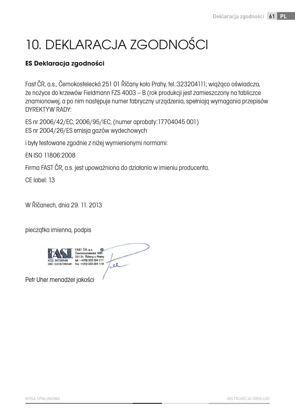 Deklaracja zgodności | Fieldmann FZS 4003 B User Manual | Page 61 / 66