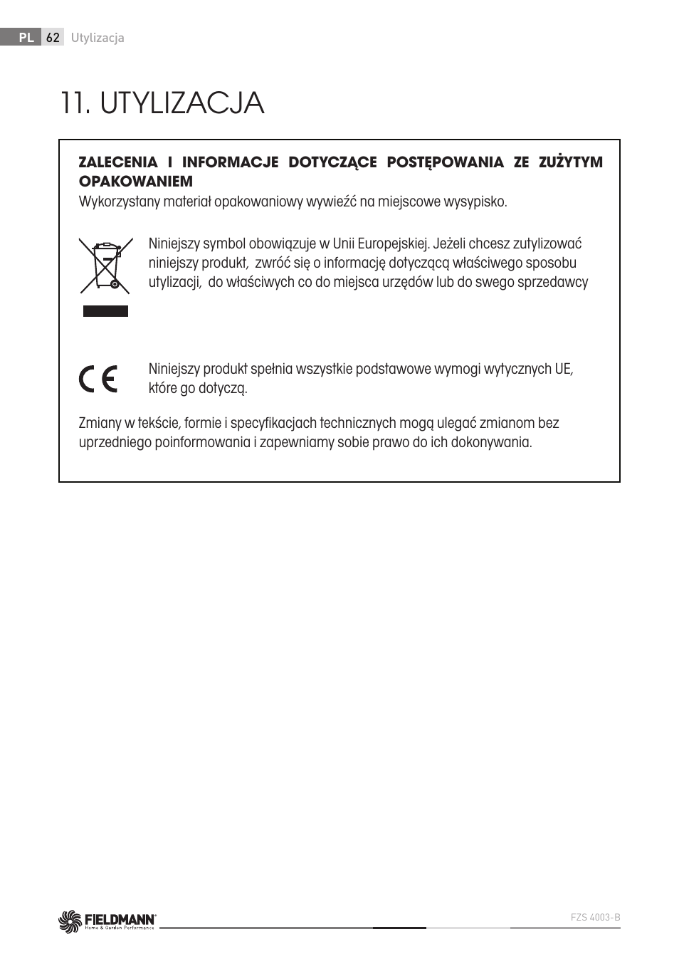 Utylizacja | Fieldmann FZS 4003 B User Manual | Page 62 / 66