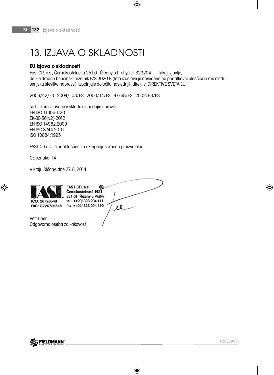 Izjava o skladnosti | Fieldmann FZS 3020-B User Manual | Page 132 / 144