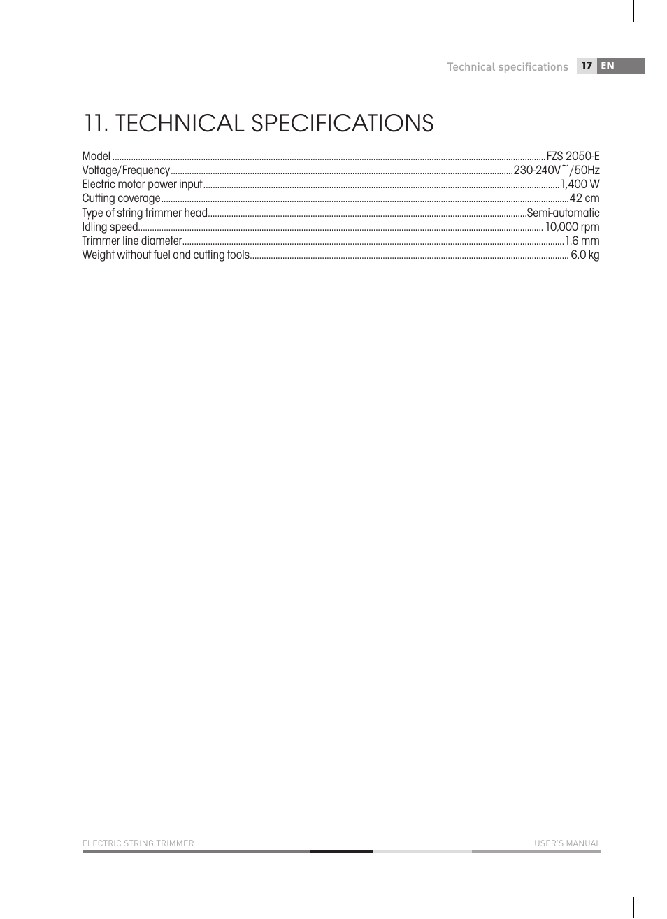 Technical specifications | Fieldmann FZS 2050-E User Manual | Page 17 / 108