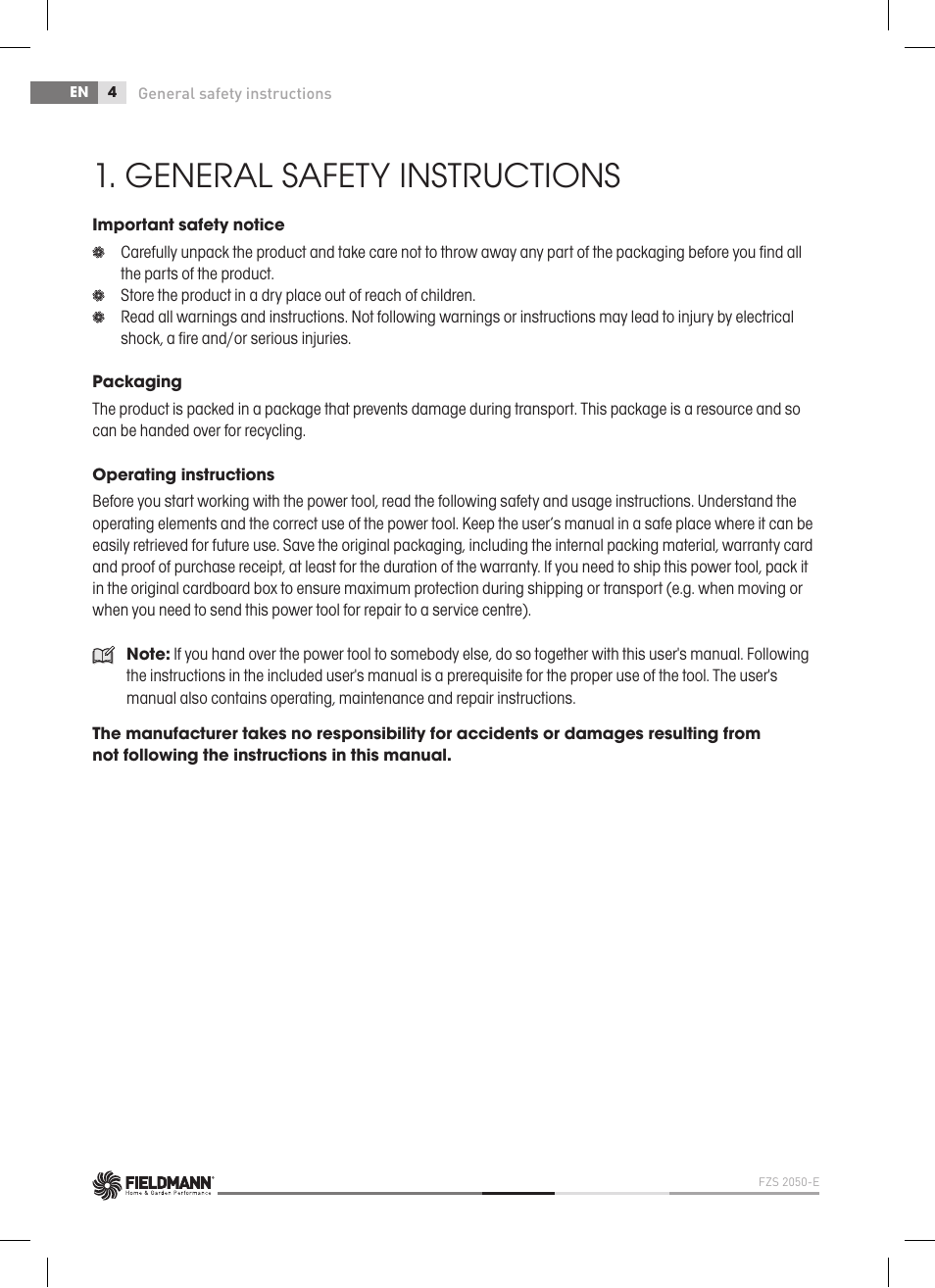 General safety instructions | Fieldmann FZS 2050-E User Manual | Page 4 / 108