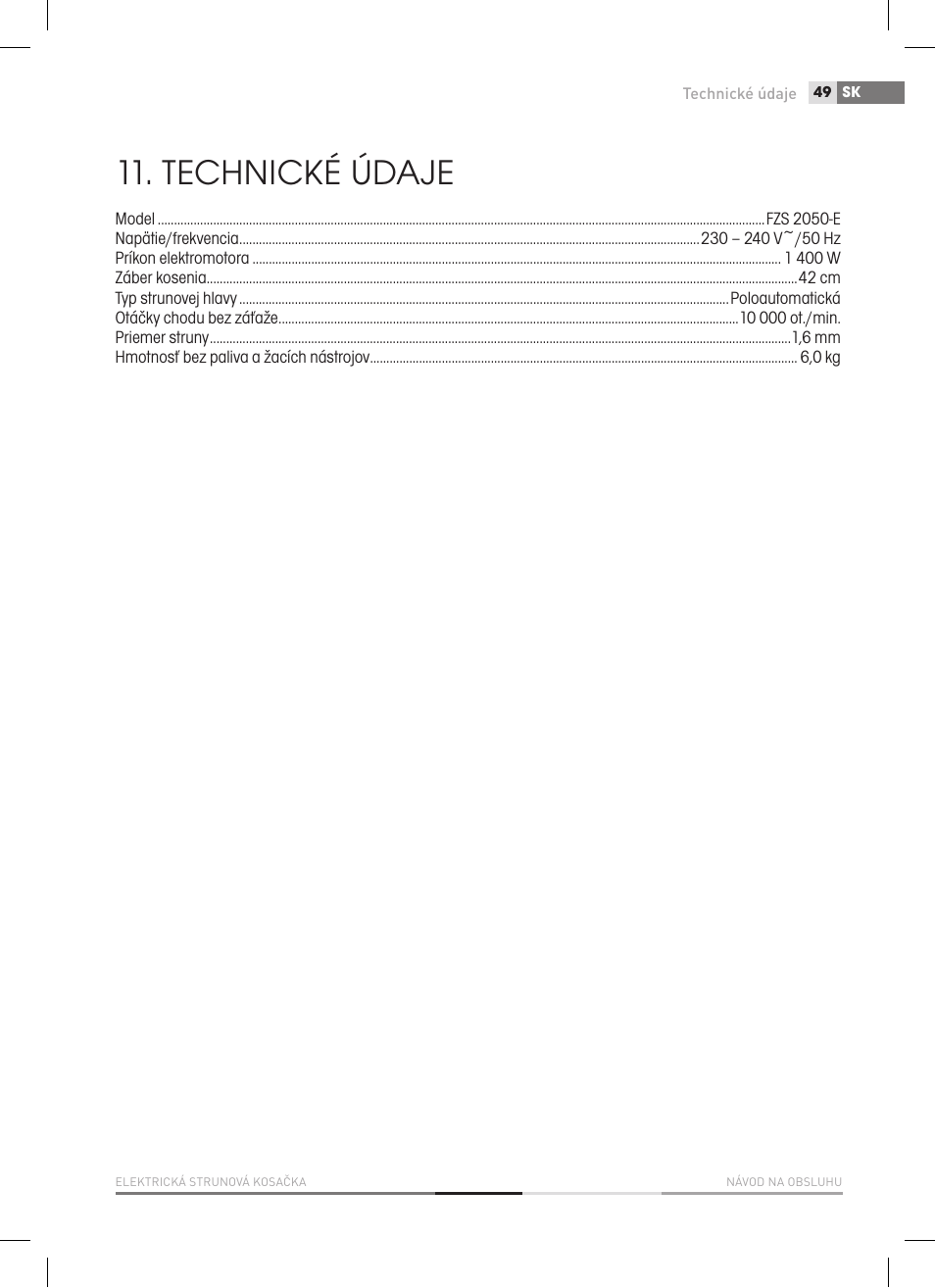 Technické údaje | Fieldmann FZS 2050-E User Manual | Page 49 / 108