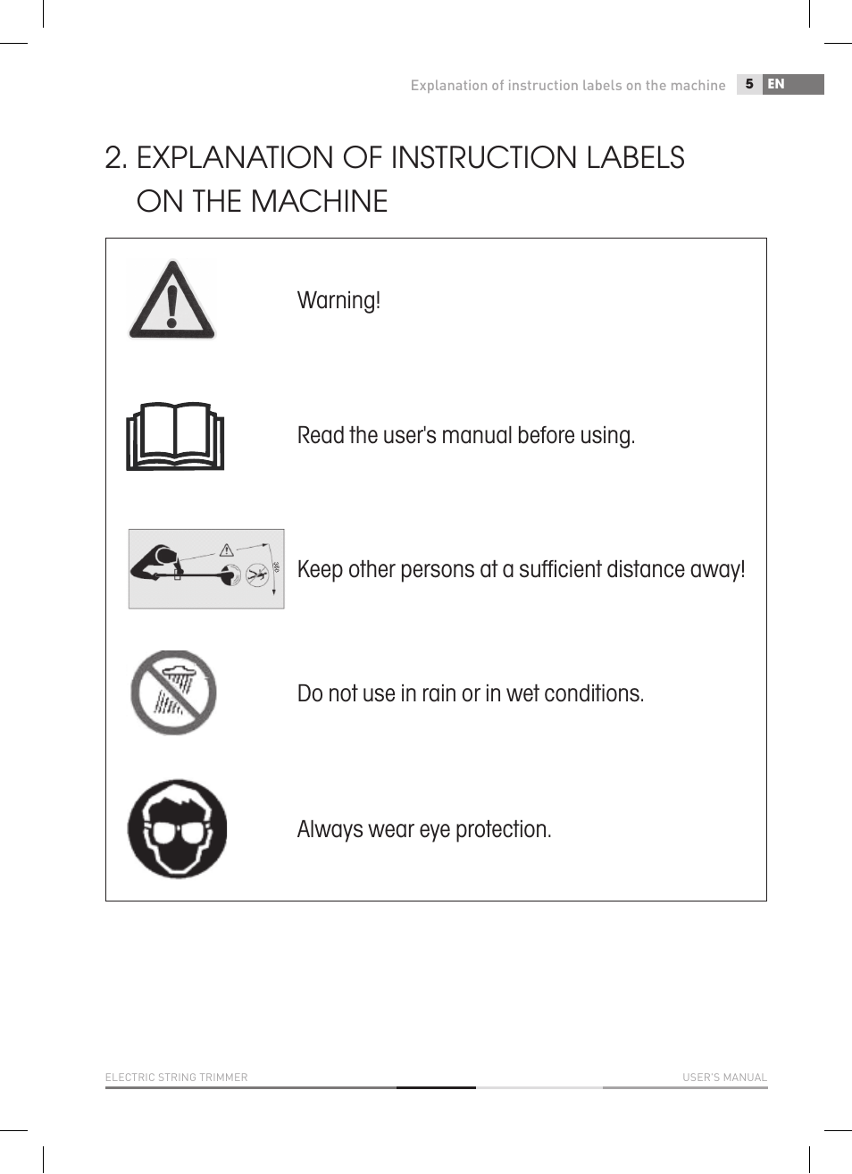 Explanation of instruction labels on the machine | Fieldmann FZS 2050-E User Manual | Page 5 / 108