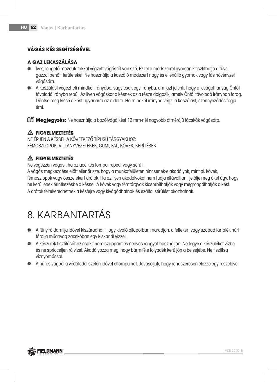 Karbantartás | Fieldmann FZS 2050-E User Manual | Page 62 / 108