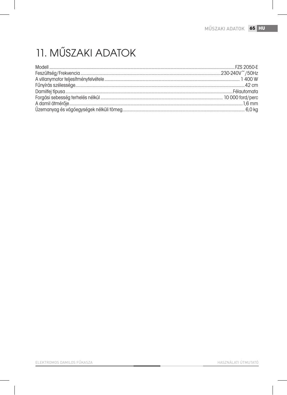 Műszaki adatok | Fieldmann FZS 2050-E User Manual | Page 65 / 108