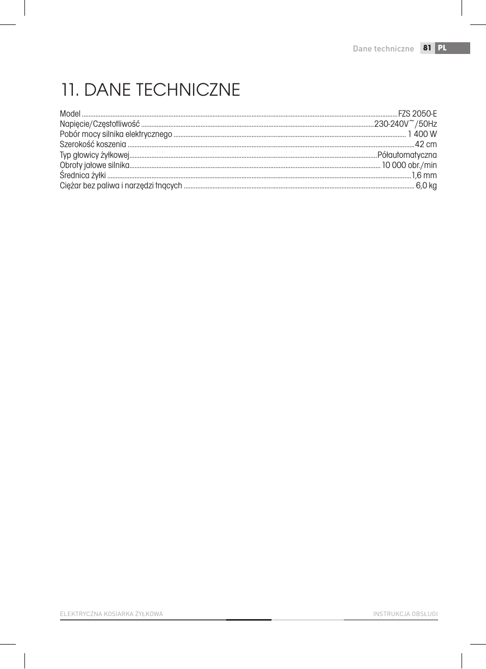 Dane techniczne | Fieldmann FZS 2050-E User Manual | Page 81 / 108