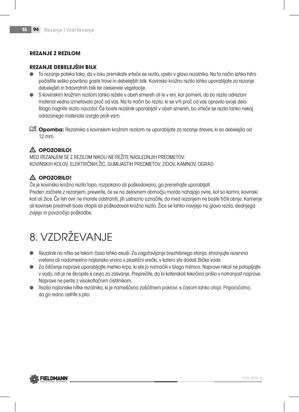 Vzdrževanje | Fieldmann FZS 2050-E User Manual | Page 94 / 108