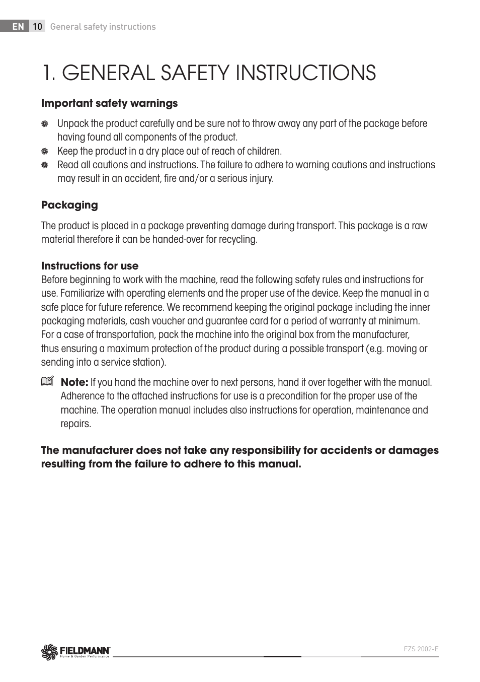 General safety instructions | Fieldmann FZS 2002-E User Manual | Page 10 / 82