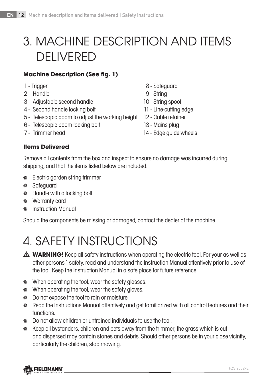 Machine description and items delivered, Safety instructions | Fieldmann FZS 2002-E User Manual | Page 12 / 82