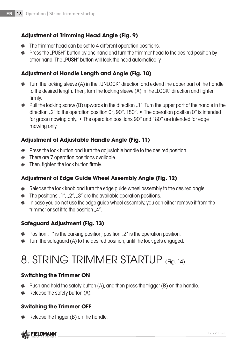 String trimmer startup | Fieldmann FZS 2002-E User Manual | Page 16 / 82