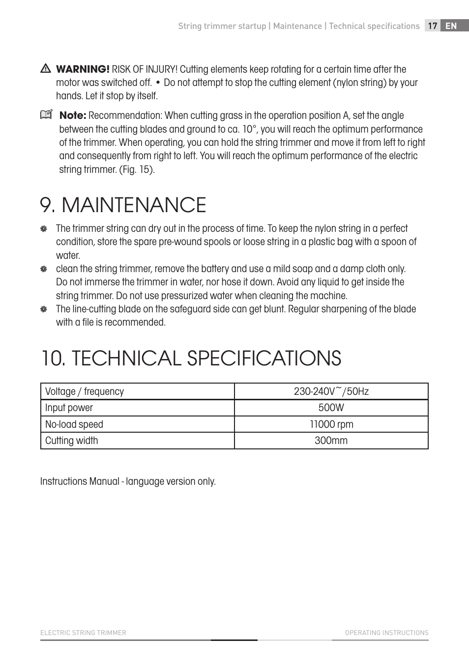 Maintenance, Technical specifications | Fieldmann FZS 2002-E User Manual | Page 17 / 82