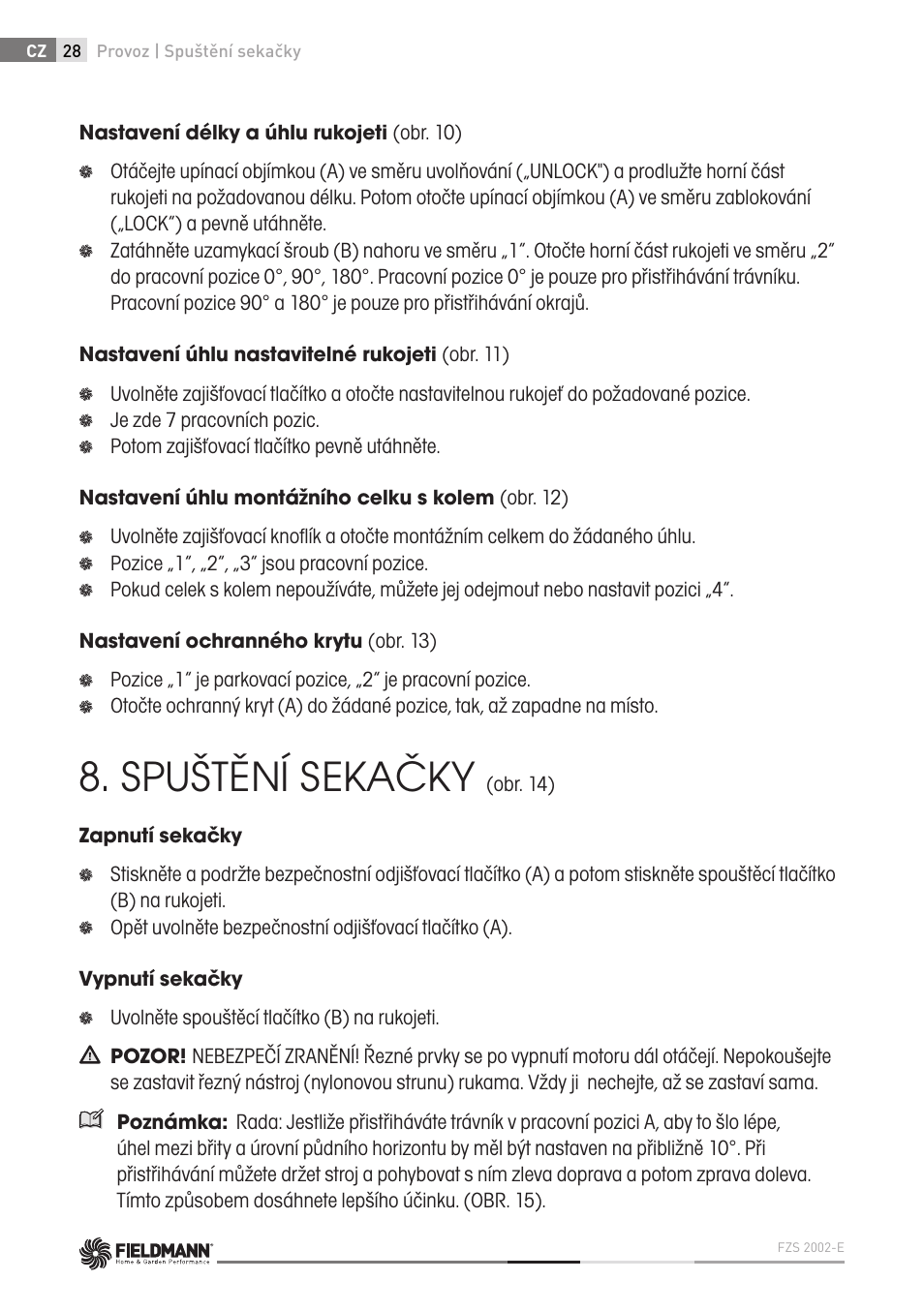 Spuštění sekačky | Fieldmann FZS 2002-E User Manual | Page 28 / 82
