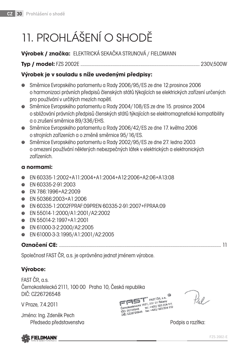 Prohlášení o shodě | Fieldmann FZS 2002-E User Manual | Page 30 / 82