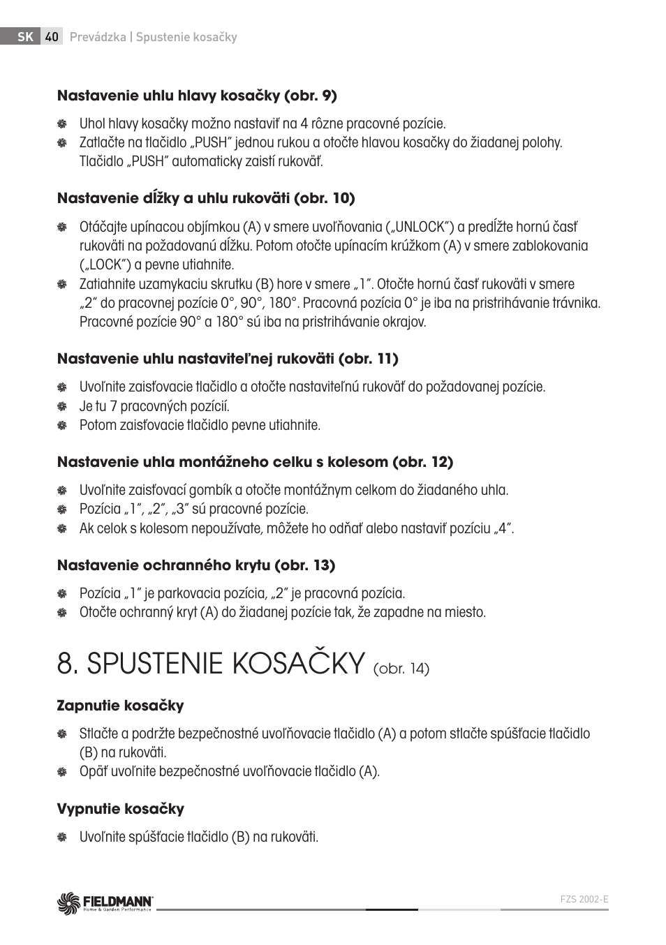 Spustenie kosačky | Fieldmann FZS 2002-E User Manual | Page 40 / 82