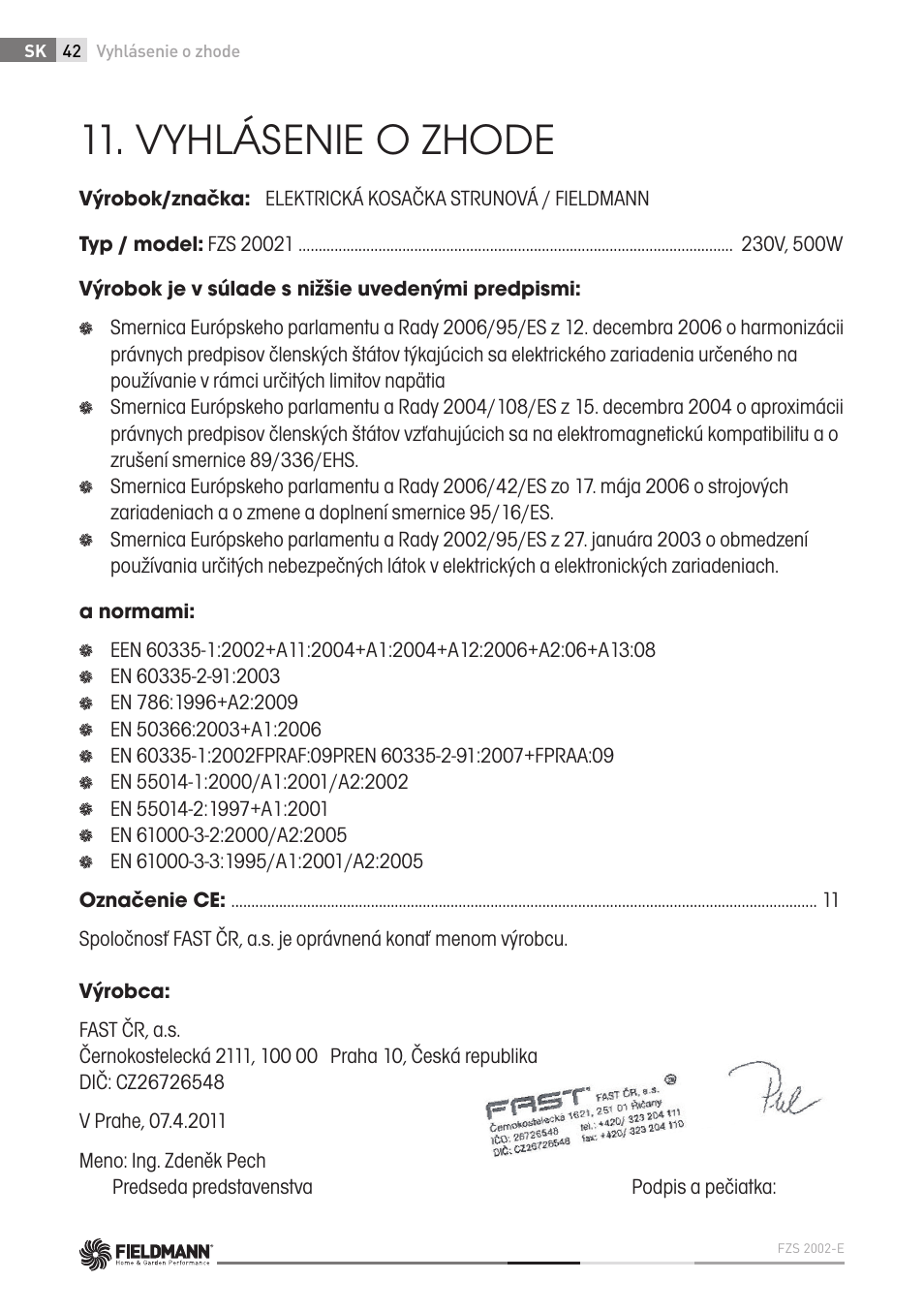 Vyhlásenie o zhode | Fieldmann FZS 2002-E User Manual | Page 42 / 82