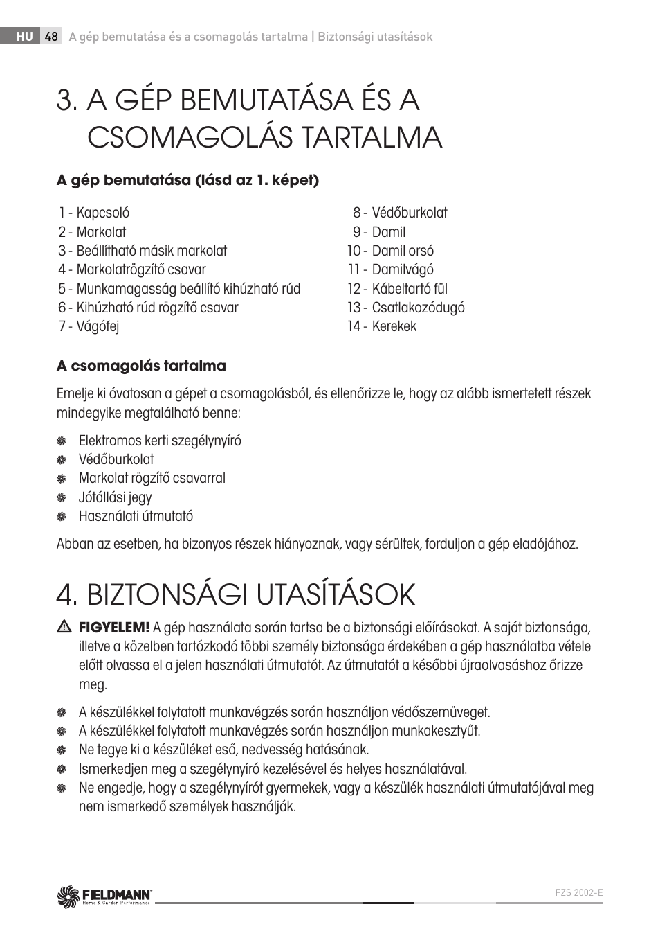 A gép bemutatása és a csomagolás tartalma, Biztonsági utasítások | Fieldmann FZS 2002-E User Manual | Page 48 / 82