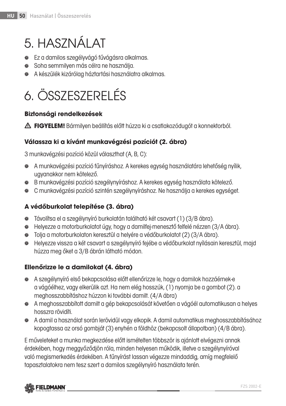 Használat, Összeszerelés | Fieldmann FZS 2002-E User Manual | Page 50 / 82