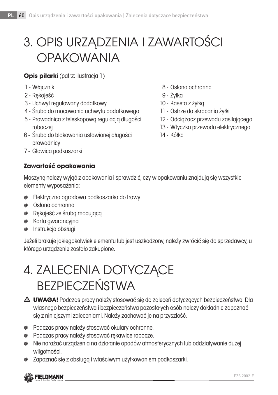 Opis urządzenia i zawartości opakowania, Zalecenia dotyczące bezpieczeństwa | Fieldmann FZS 2002-E User Manual | Page 60 / 82
