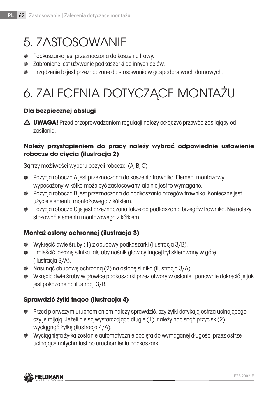 Zastosowanie, Zalecenia dotyczące montażu | Fieldmann FZS 2002-E User Manual | Page 62 / 82