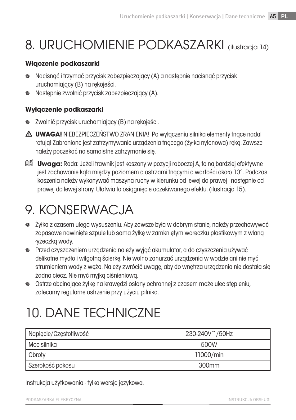 Uruchomienie podkaszarki, Konserwacja, Dane techniczne | Fieldmann FZS 2002-E User Manual | Page 65 / 82