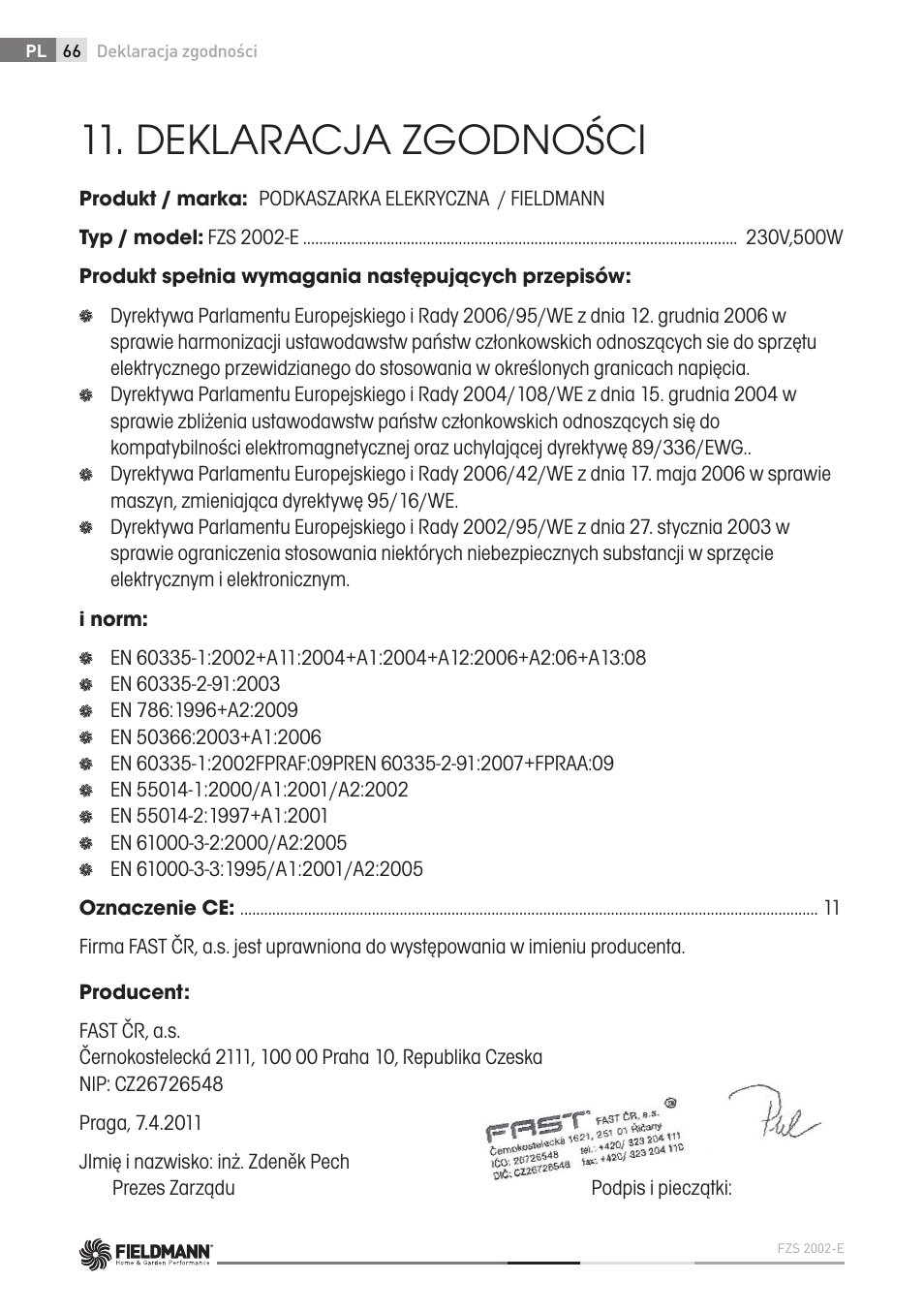 Deklaracja zgodności | Fieldmann FZS 2002-E User Manual | Page 66 / 82