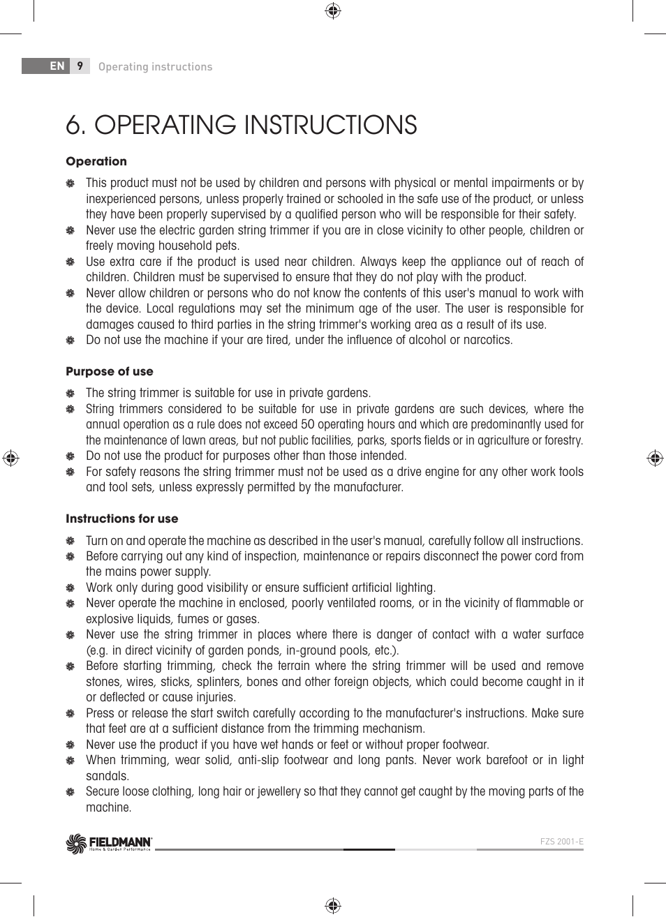 Operating instructions | Fieldmann FZS 2001-E User Manual | Page 10 / 96