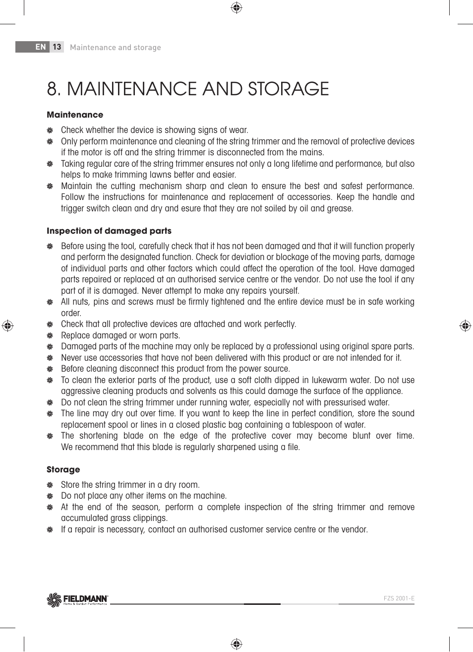 Maintenance and storage | Fieldmann FZS 2001-E User Manual | Page 14 / 96