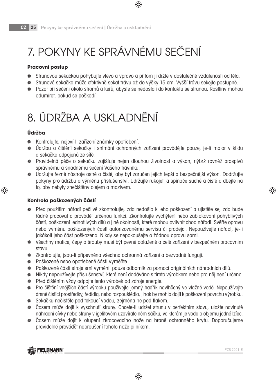 Pokyny ke správnému sečení, Údržba a uskladnění | Fieldmann FZS 2001-E User Manual | Page 26 / 96