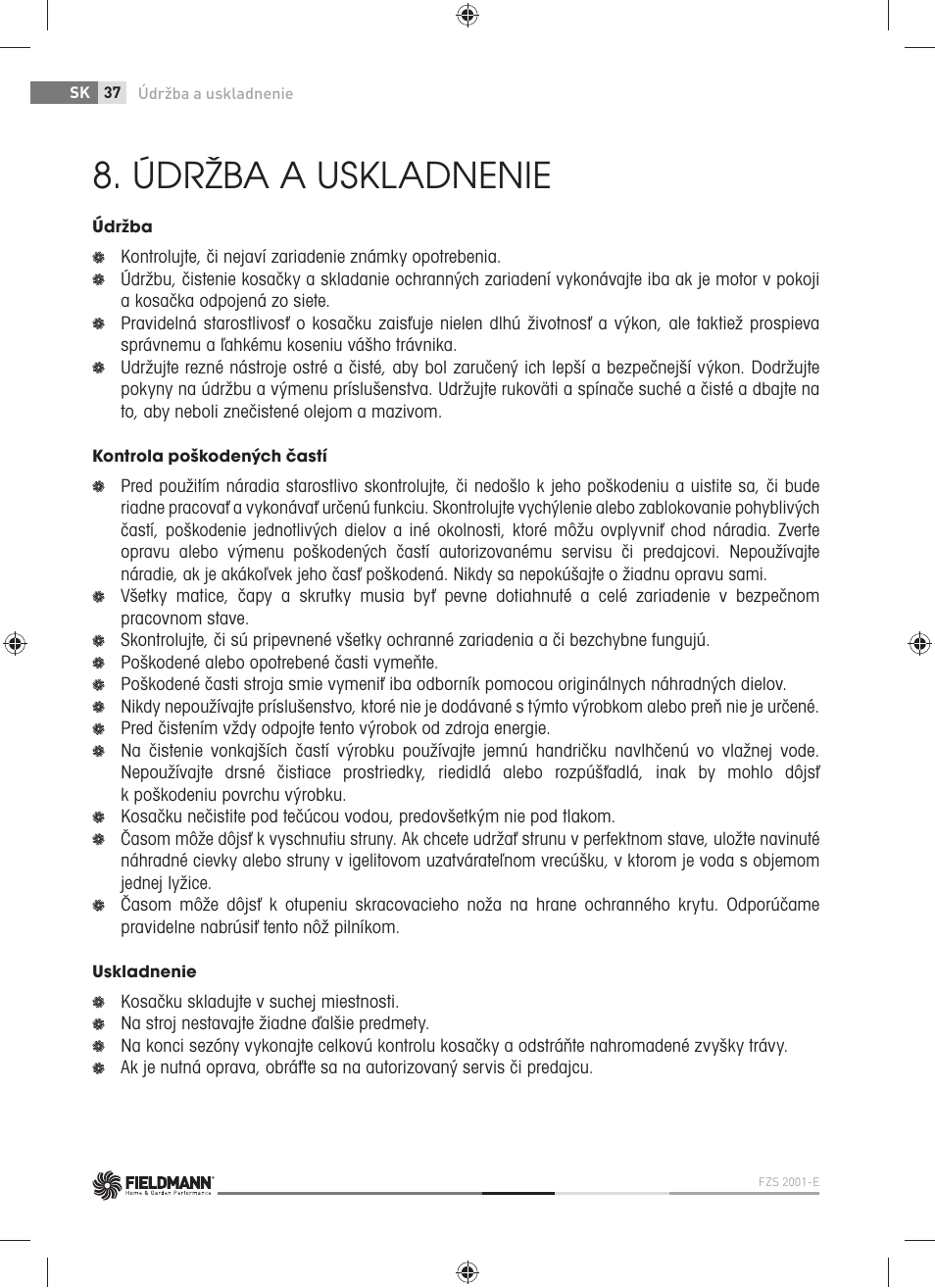 Údržba a uskladnenie | Fieldmann FZS 2001-E User Manual | Page 38 / 96