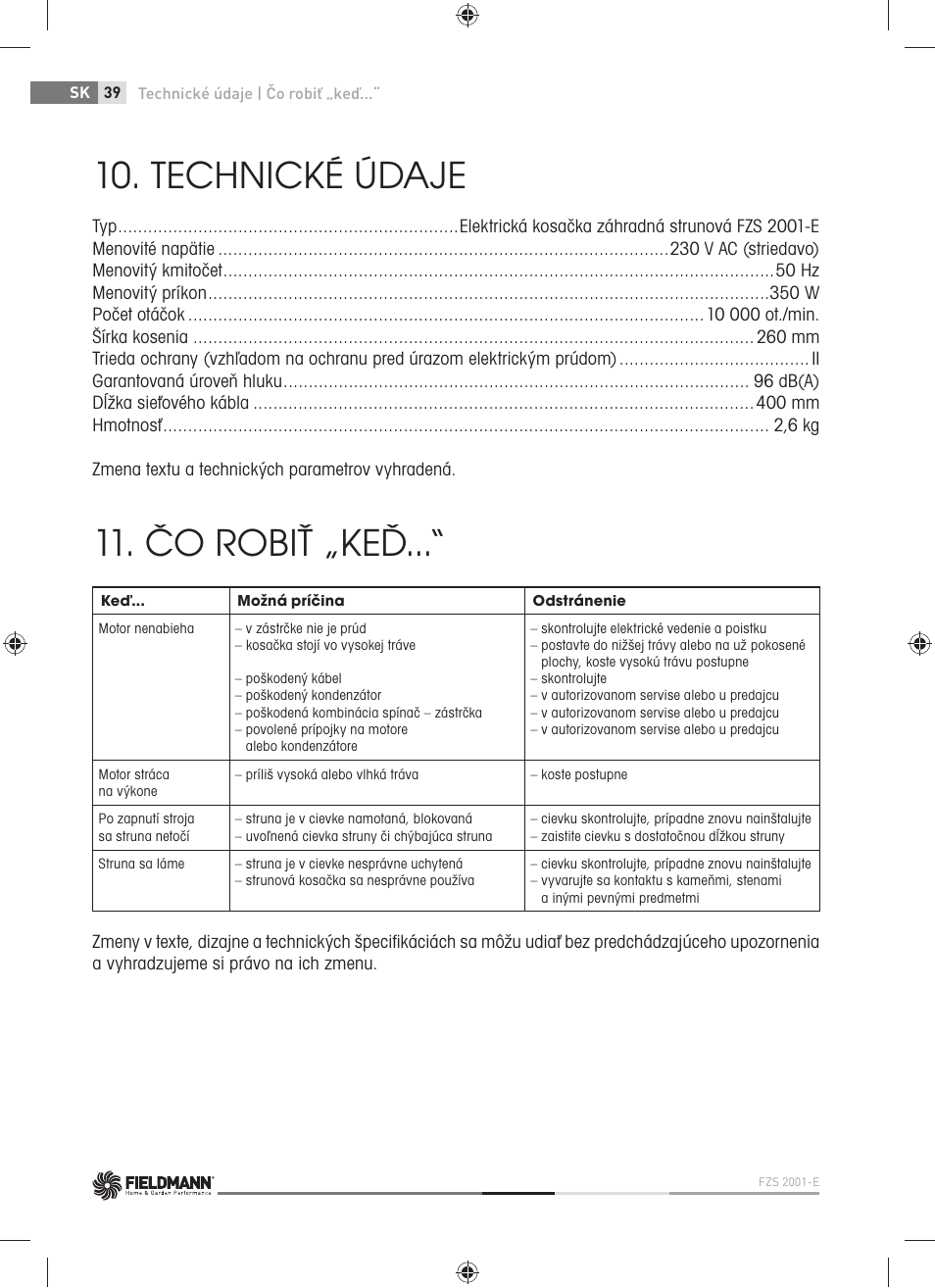 Technické údaje, Čo robiť „keď | Fieldmann FZS 2001-E User Manual | Page 40 / 96