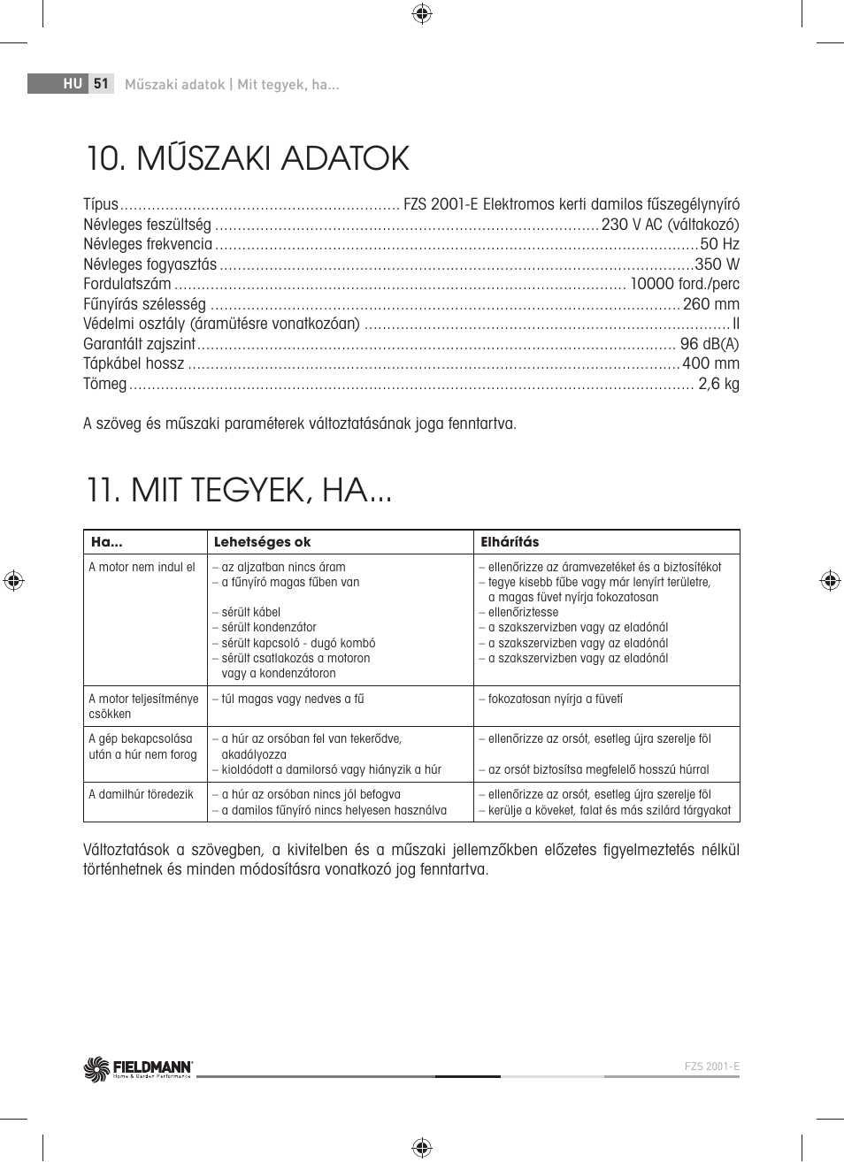 Műszaki adatok, Mit tegyek, ha | Fieldmann FZS 2001-E User Manual | Page 52 / 96