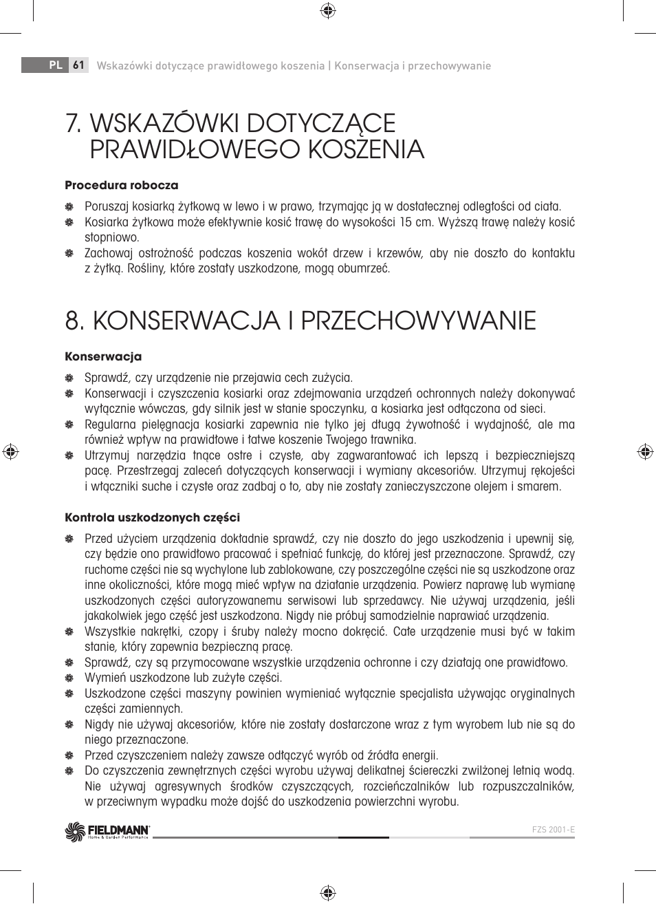 Wskazówki dotyczące prawidłowego koszenia, Konserwacja i przechowywanie | Fieldmann FZS 2001-E User Manual | Page 62 / 96
