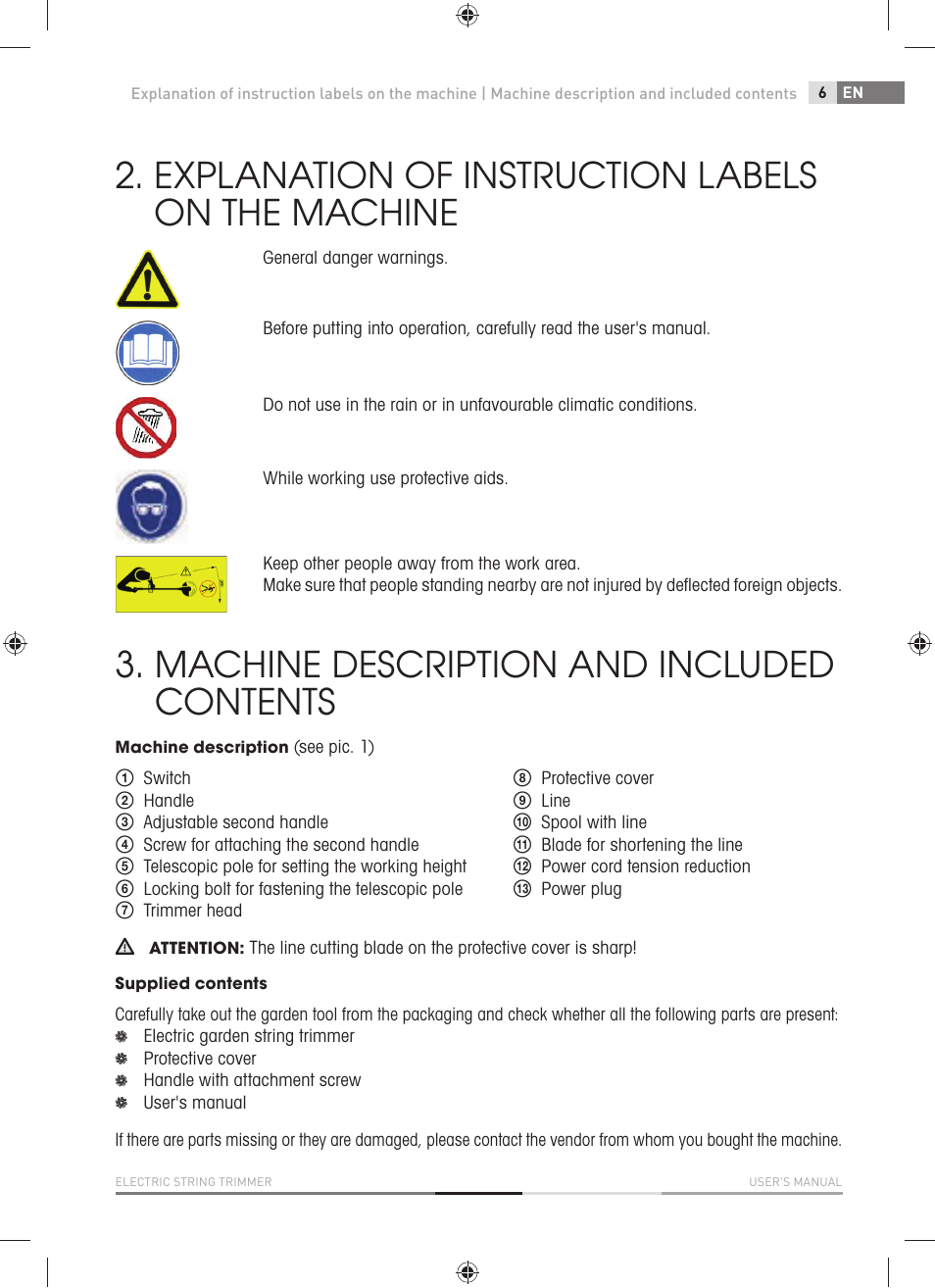 Explanation of instruction labels on the machine, Machine description and included contents | Fieldmann FZS 2001-E User Manual | Page 7 / 96