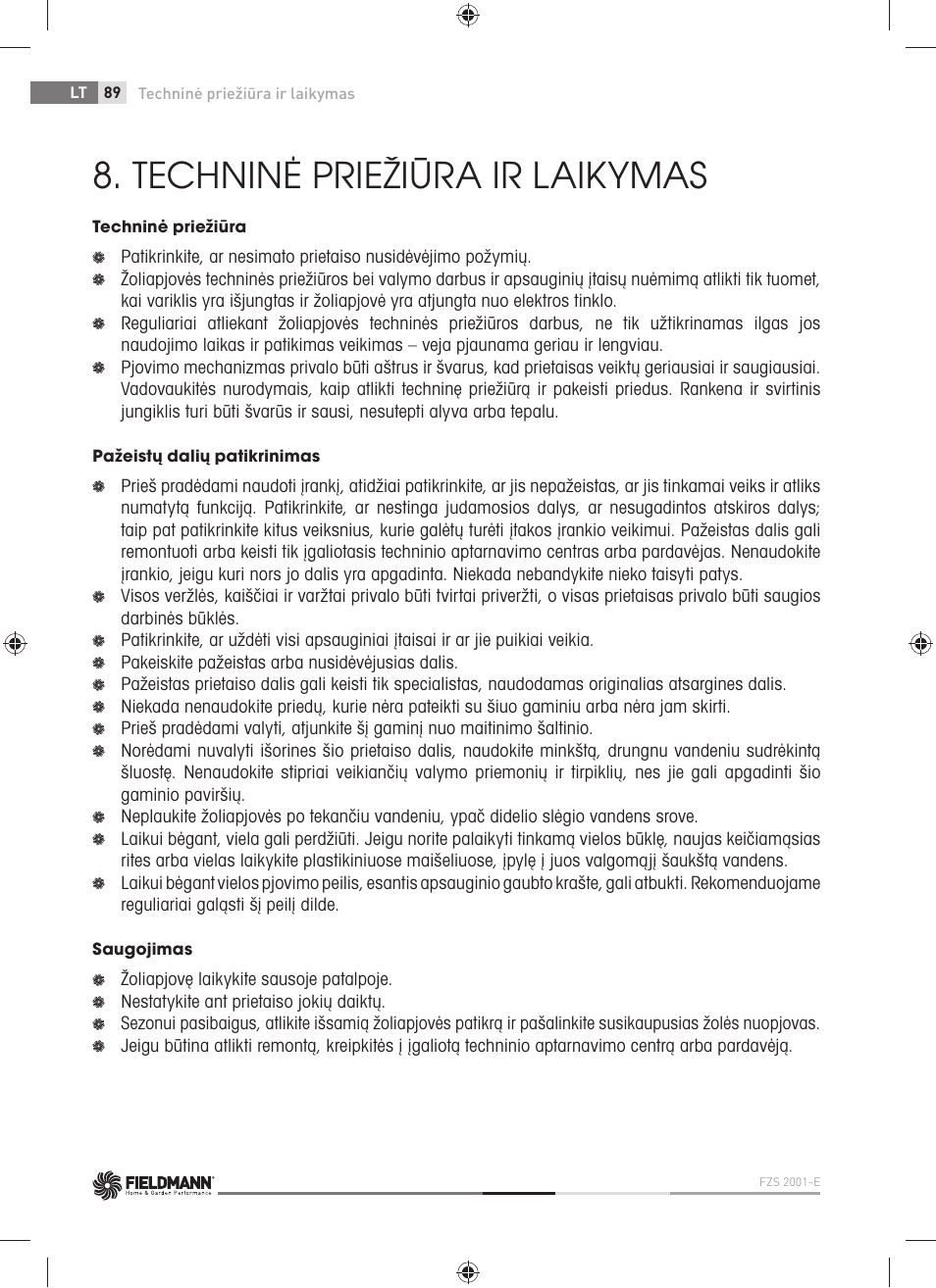 Techninė priežiūra ir laikymas | Fieldmann FZS 2001-E User Manual | Page 90 / 96