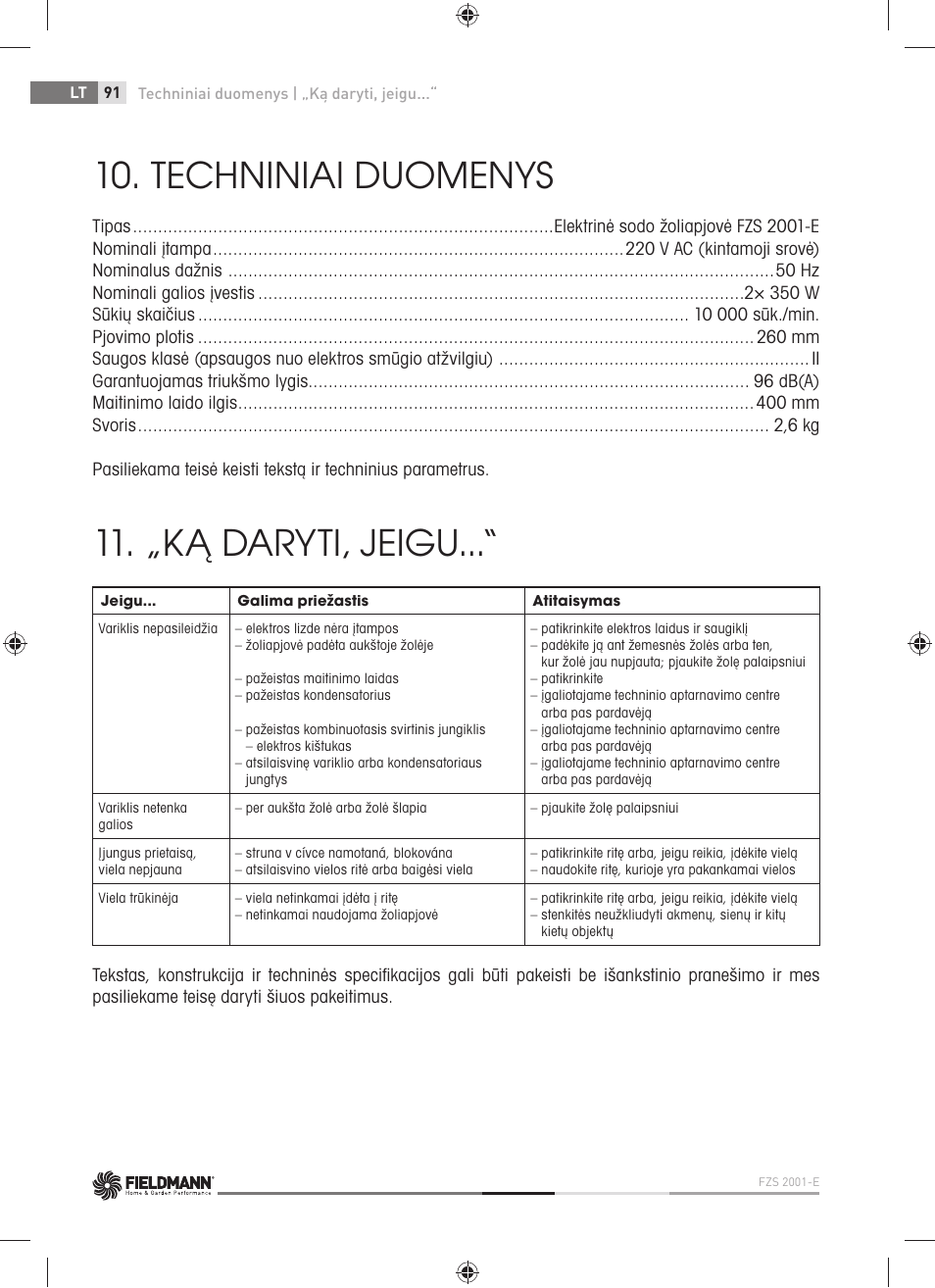 Techniniai duomenys, „ką daryti, jeigu | Fieldmann FZS 2001-E User Manual | Page 92 / 96
