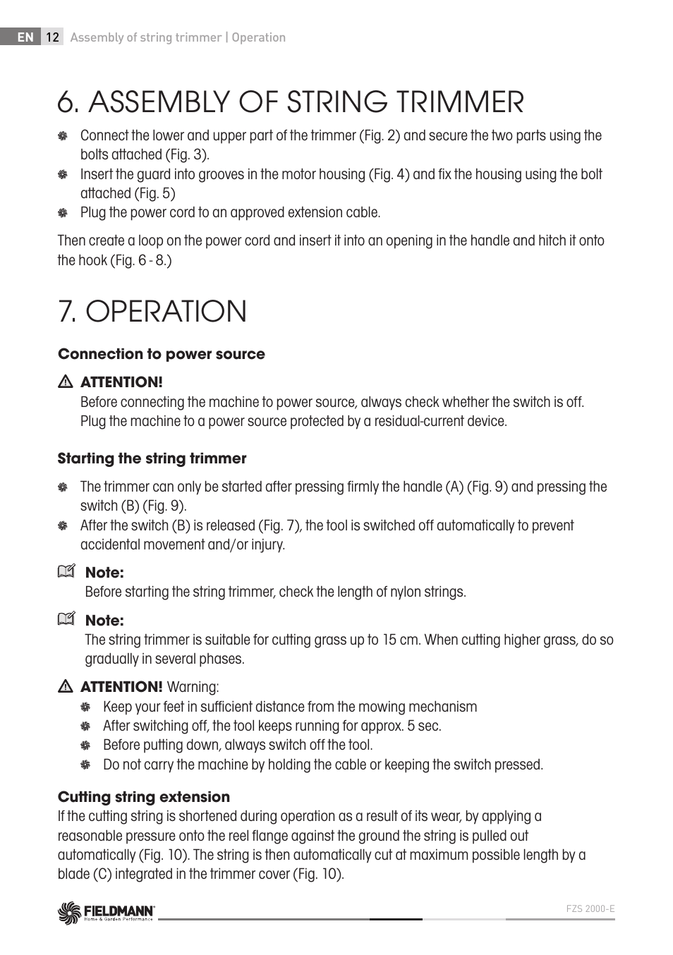 Assembly of string trimmer, Operation | Fieldmann FZS 2000-E User Manual | Page 12 / 60