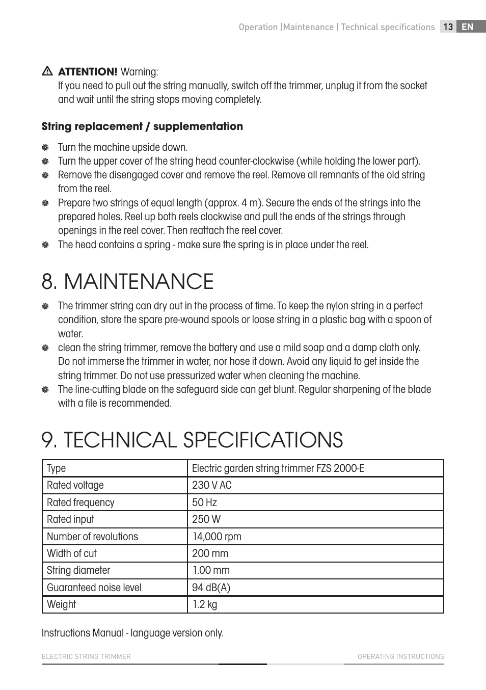Maintenance, Technical specifications | Fieldmann FZS 2000-E User Manual | Page 13 / 60