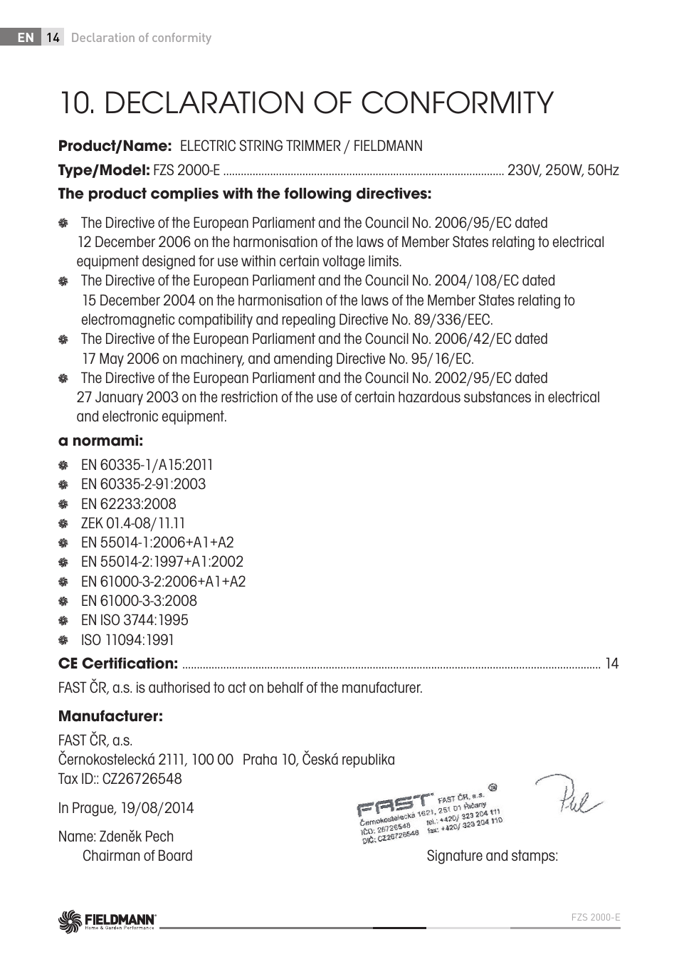 Declaration of conformity | Fieldmann FZS 2000-E User Manual | Page 14 / 60