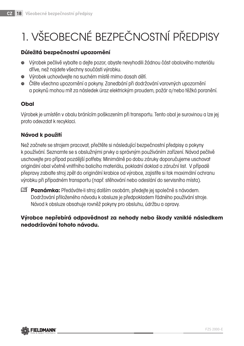 Všeobecné bezpečnostní předpisy | Fieldmann FZS 2000-E User Manual | Page 18 / 60