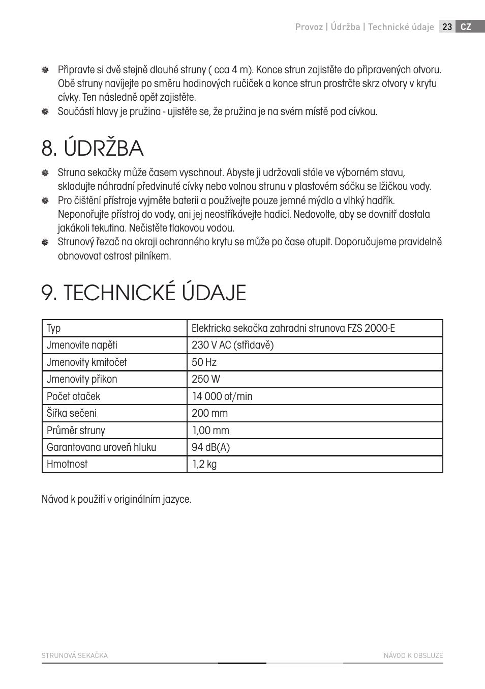 Údržba, Technické údaje | Fieldmann FZS 2000-E User Manual | Page 23 / 60