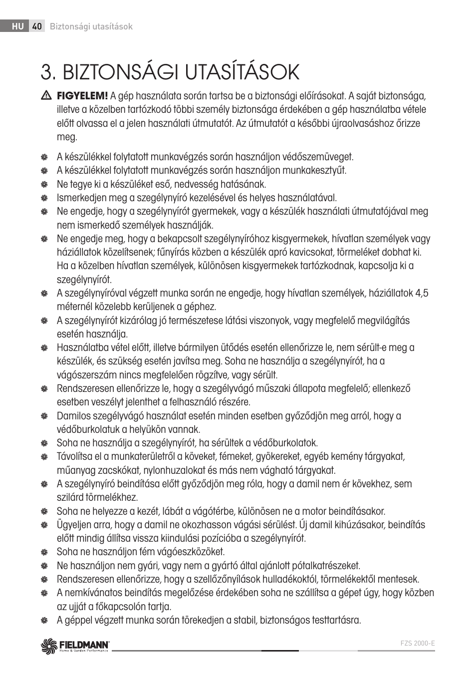 Biztonsági utasítások | Fieldmann FZS 2000-E User Manual | Page 40 / 60