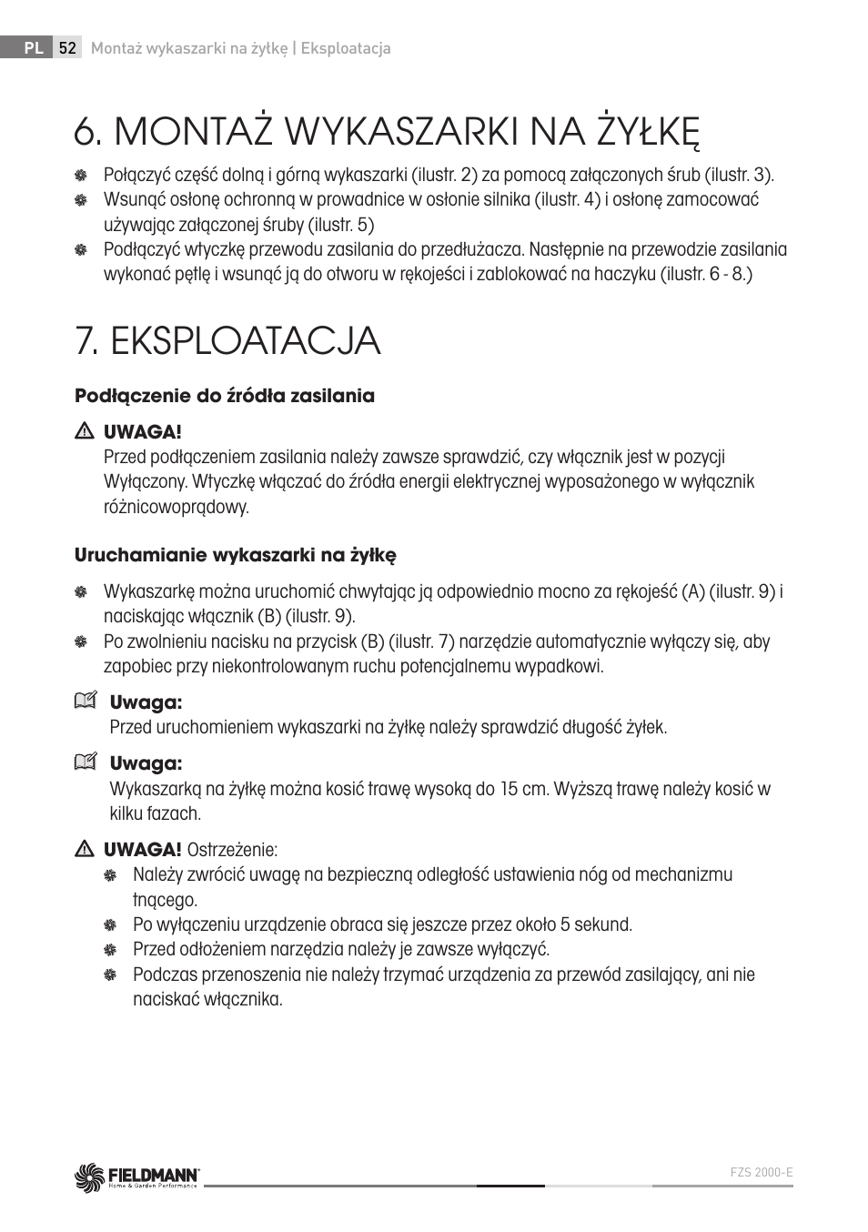 Montaż wykaszarki na żyłkę, Eksploatacja | Fieldmann FZS 2000-E User Manual | Page 52 / 60