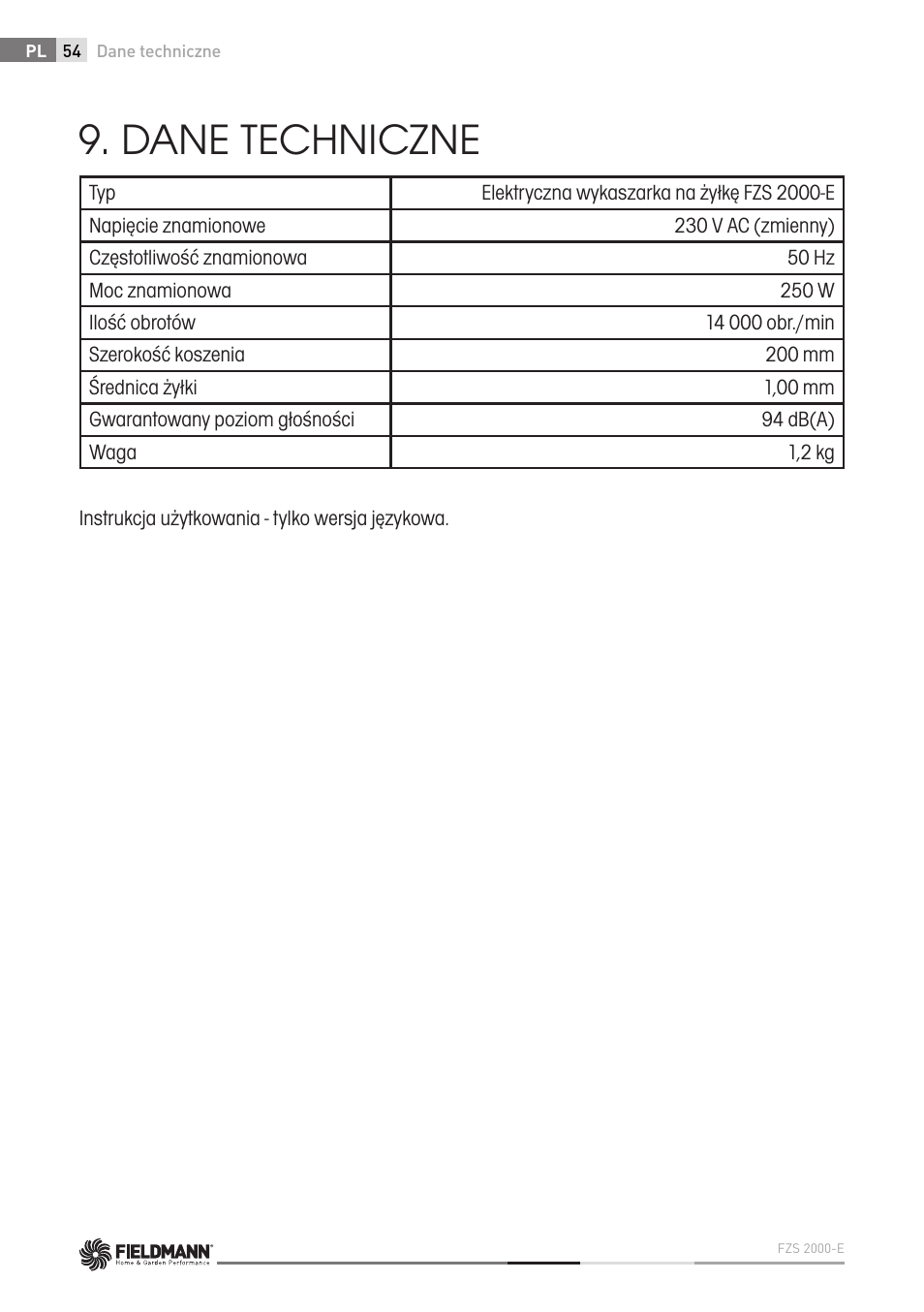 Dane techniczne | Fieldmann FZS 2000-E User Manual | Page 54 / 60