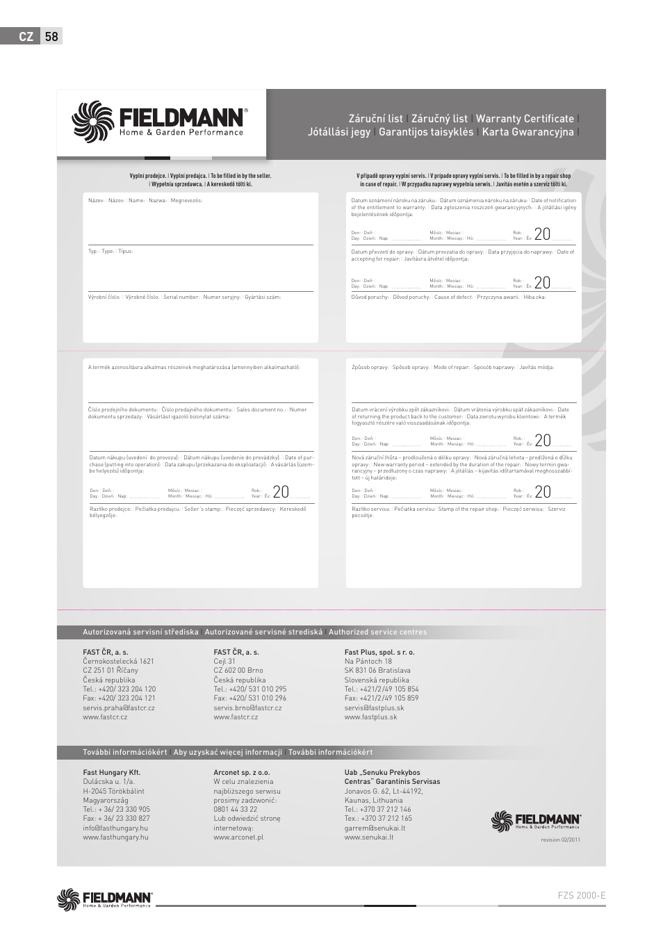 Cz 58, Fzs 2000-e | Fieldmann FZS 2000-E User Manual | Page 58 / 60