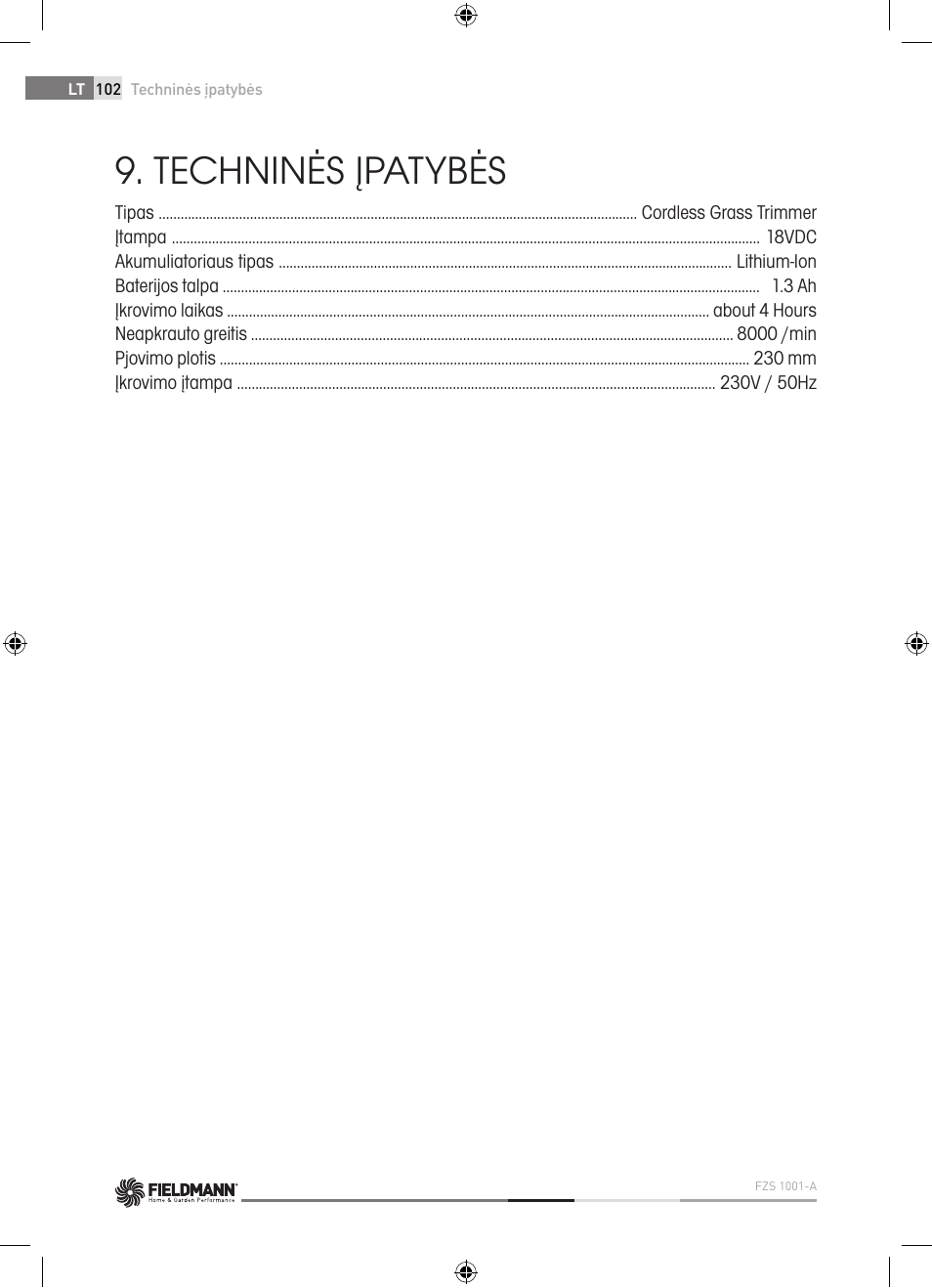 Techninės įpatybės | Fieldmann FZS 1001-A User Manual | Page 102 / 104