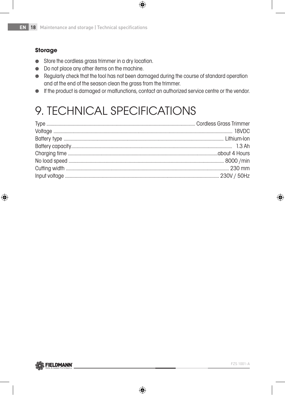 Technical specifications | Fieldmann FZS 1001-A User Manual | Page 18 / 104