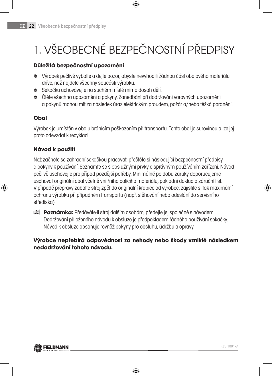 Všeobecné bezpečnostní předpisy | Fieldmann FZS 1001-A User Manual | Page 22 / 104