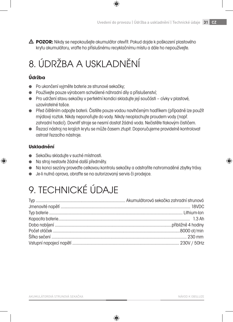 Údržba a uskladnění, Technické údaje | Fieldmann FZS 1001-A User Manual | Page 31 / 104