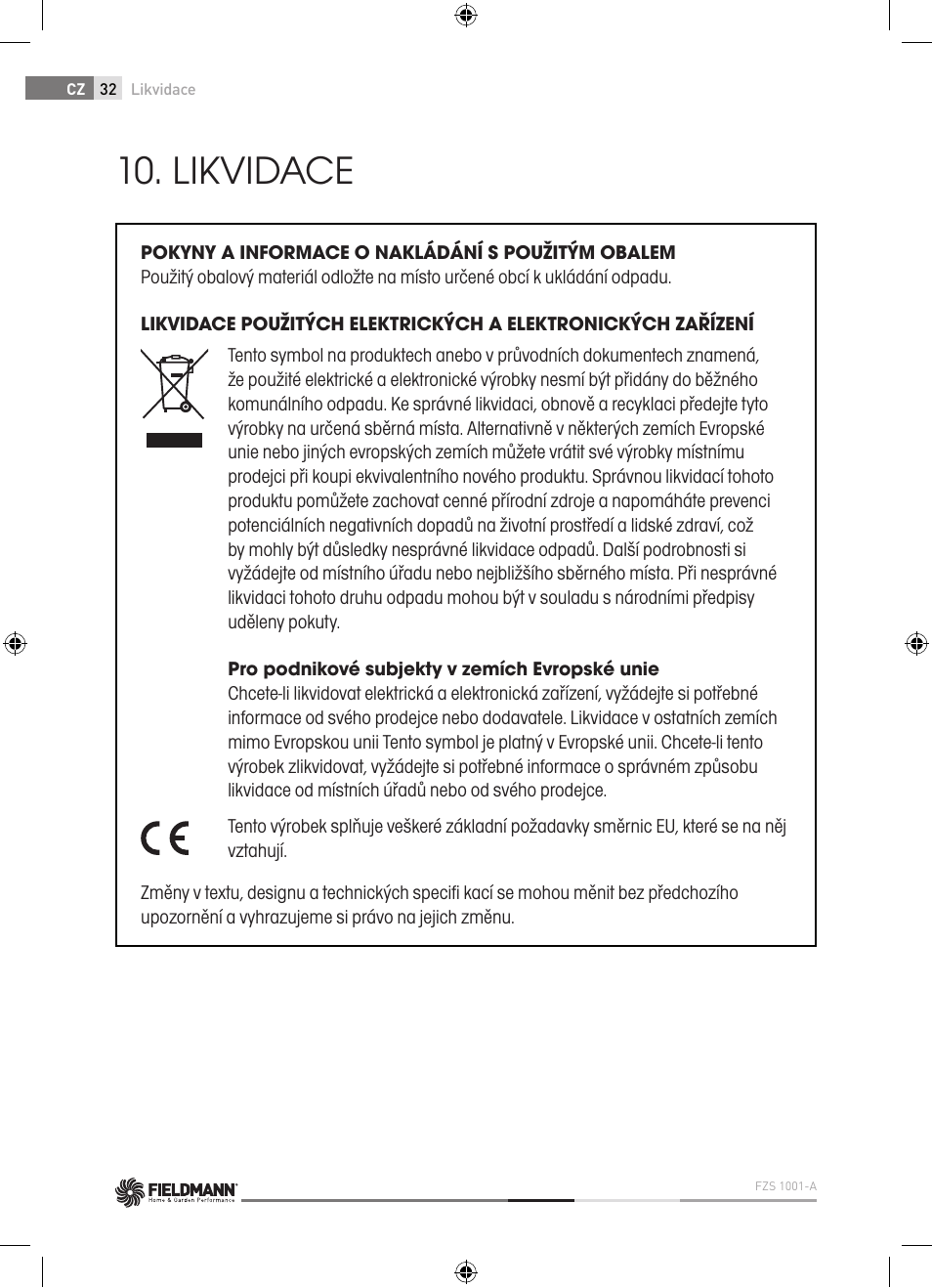 Likvidace | Fieldmann FZS 1001-A User Manual | Page 32 / 104