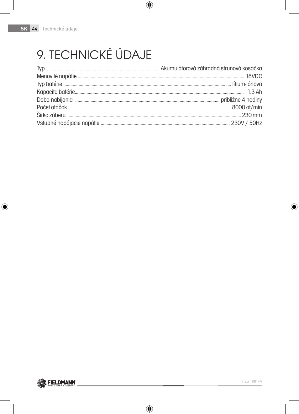 Technické údaje | Fieldmann FZS 1001-A User Manual | Page 44 / 104